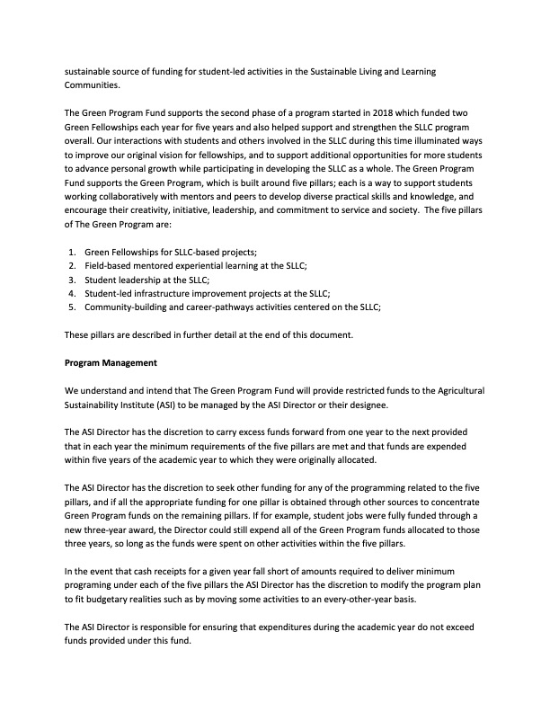 Memorandum of understanding between sustaining SLLC green program donors and the dean of the college of ag and environmental science at UC Davis (page 2)